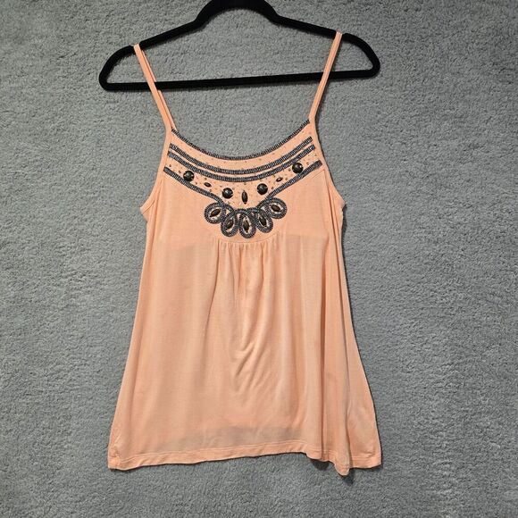Womens Tank Top S Embellished Pastel Orange Tribal Boho Built in Bra Summer - Picture 1 of 7